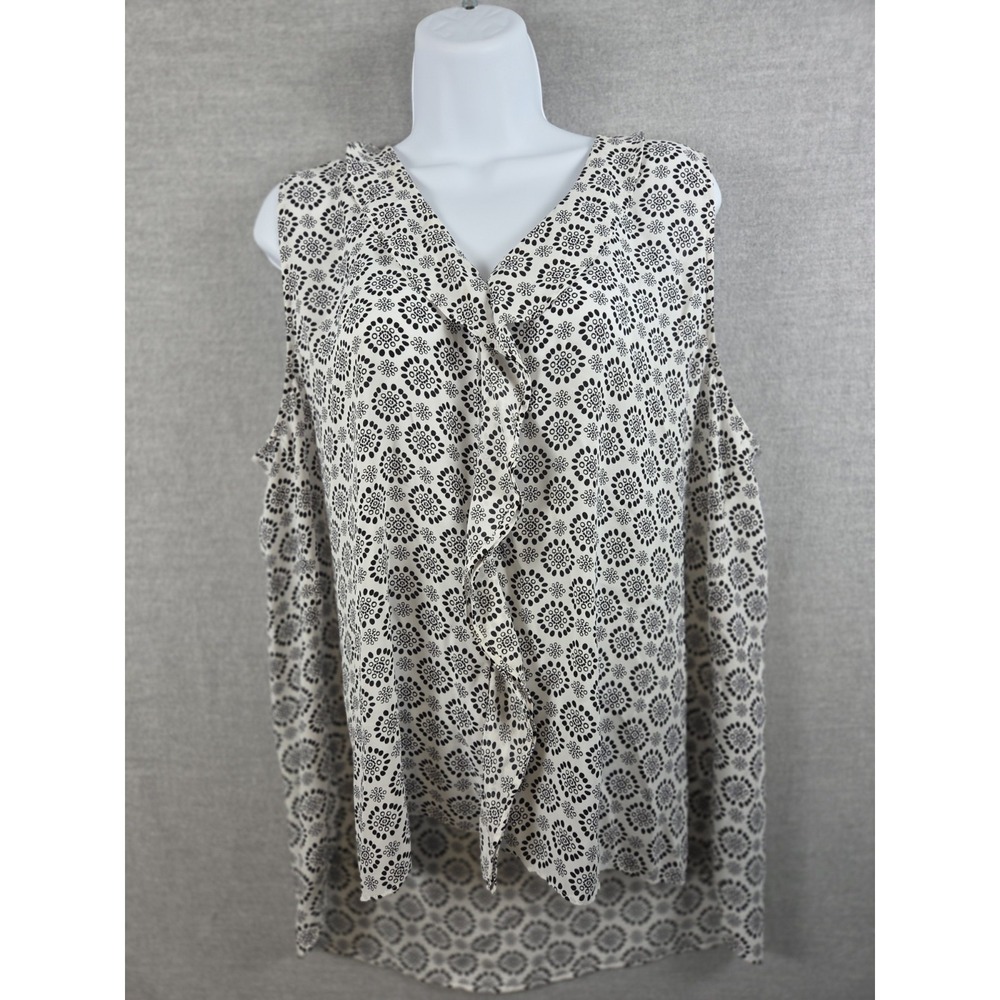 Loft XL Sleeveless Pullover Shell Blouse Black White Geo Ruffle Flowy Career